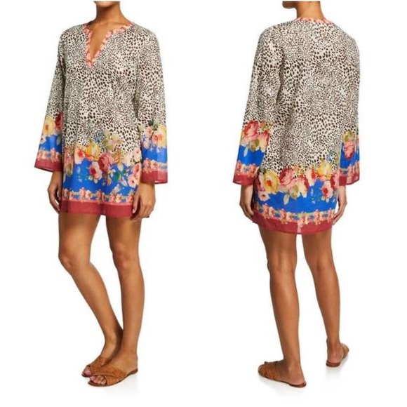 Johnny Was Other - Johnny Was Oksana Long Sleeve Short Cover Up in Animal Print Floral Multi Sz M